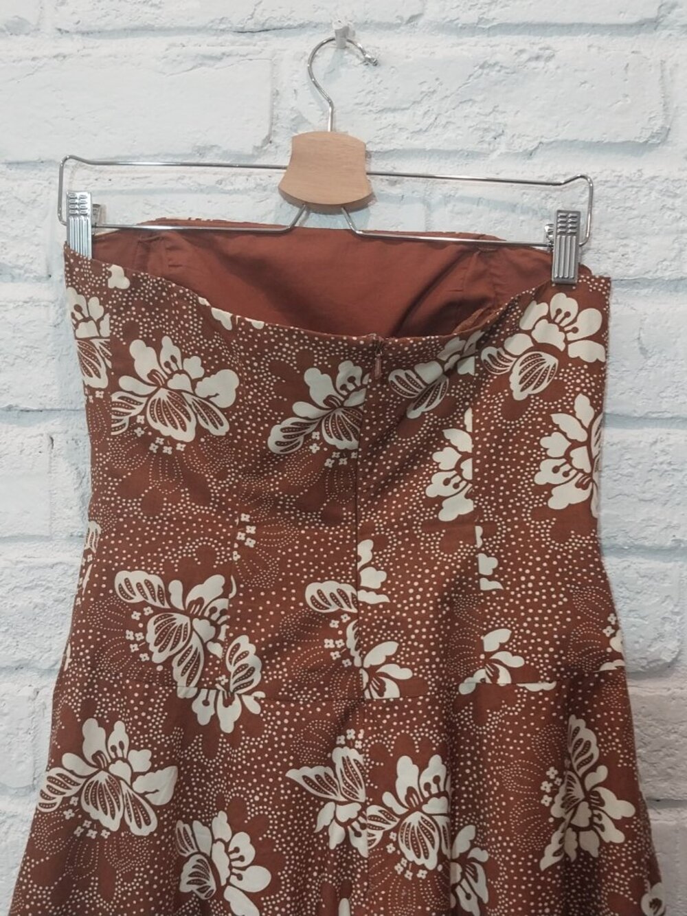 TABITHA Anthropologie Strapless Dress 6 S Brown Floral Fit Flare Cotton Lined - Picture 7 of 13